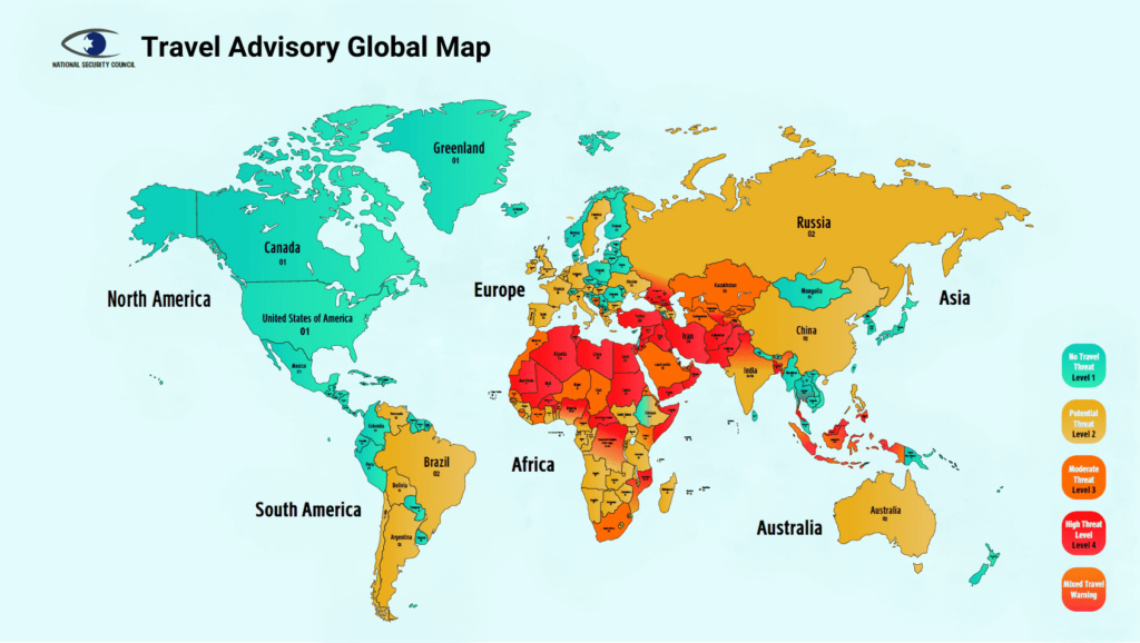 Global travel map colour coded according to threat level